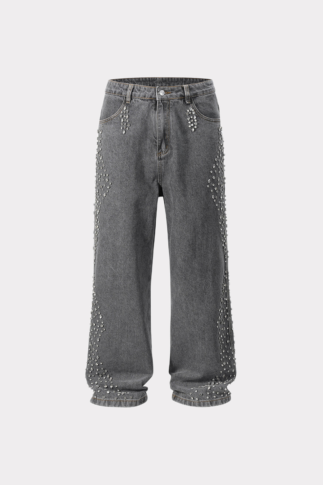 Gray jeans with embellishments on a white background