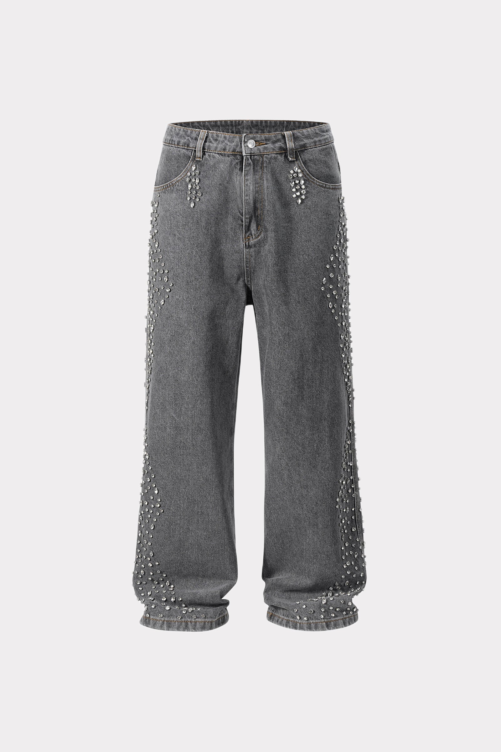 Gray jeans with embellishments on a white background